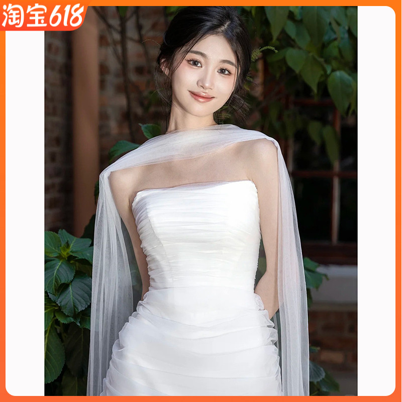 新娘纱巾长款白色围巾丝巾飘带脖纱披肩纱婚纱礼服晨袍旅拍配饰品