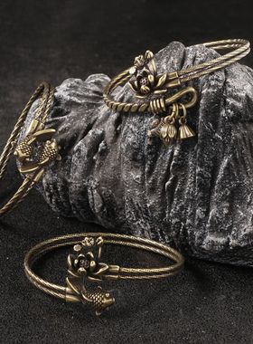 国潮纯黄铜手镯女仿古锦鲤双环