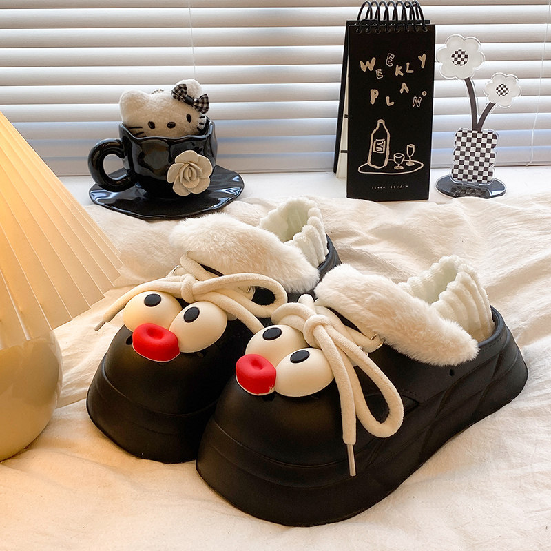 嘟嘴大眼睛~洞洞鞋女冬2025新款加绒保暖防滑可爱平底包跟棉拖鞋,女鞋,洞洞鞋,淘宝优惠券,粉丝福利购,淘宝优惠卷