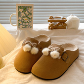 小毛球 秋冬保暖棉拖 女外穿新款 厚底内增高勃肯鞋 加绒包头半拖鞋