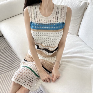 针织连衣裙夏秋拼接撞色气质显瘦修身 韩版 冰丝背心裙子两件套镂空