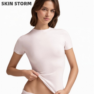 SKIMS卡戴珊风短袖上衣明星同款情人粉圆领纯棉t恤【SKIN STORM】