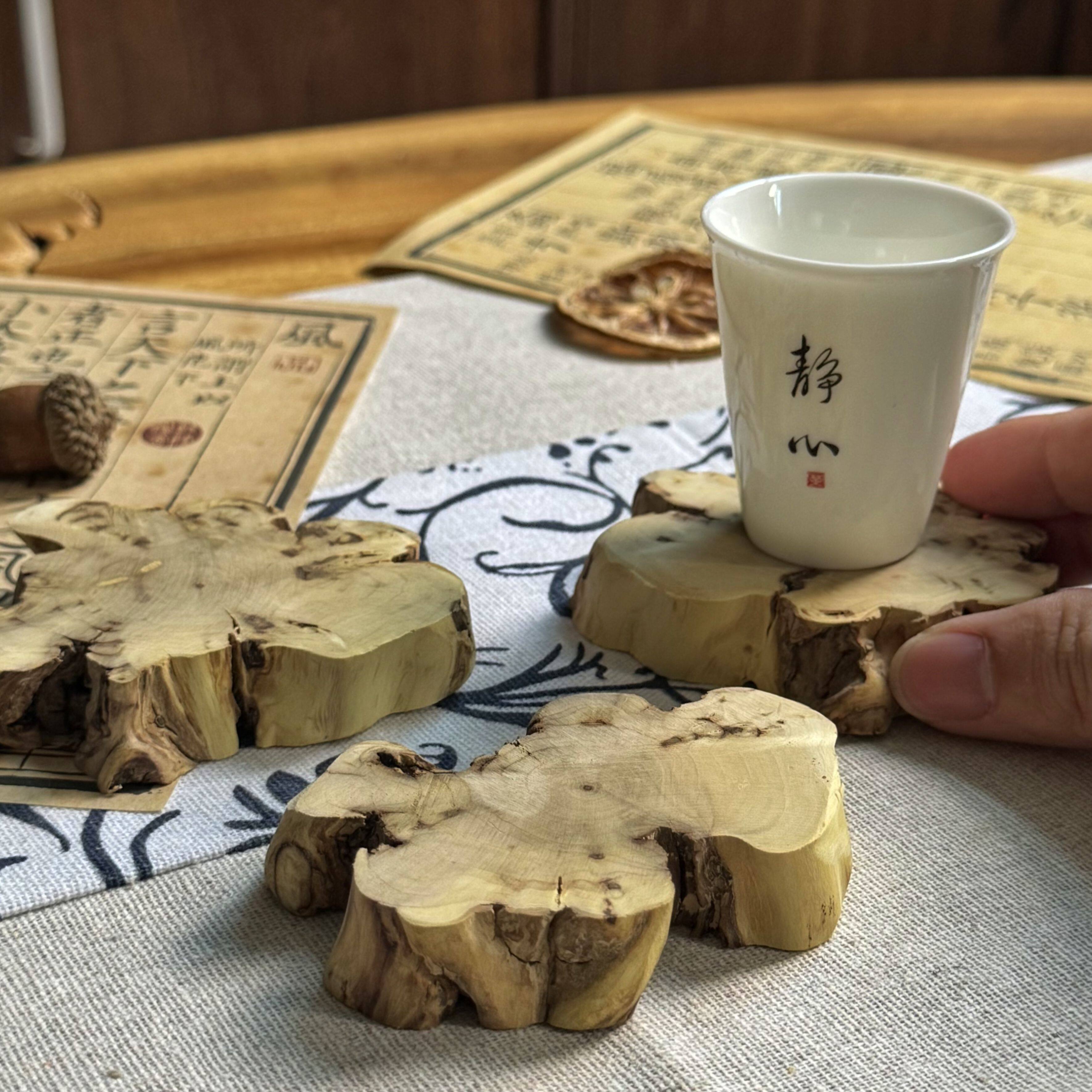 胡杨木带榴疤自然边随形茶杯垫杯托底座实木隔热垫原木古朴侘寂