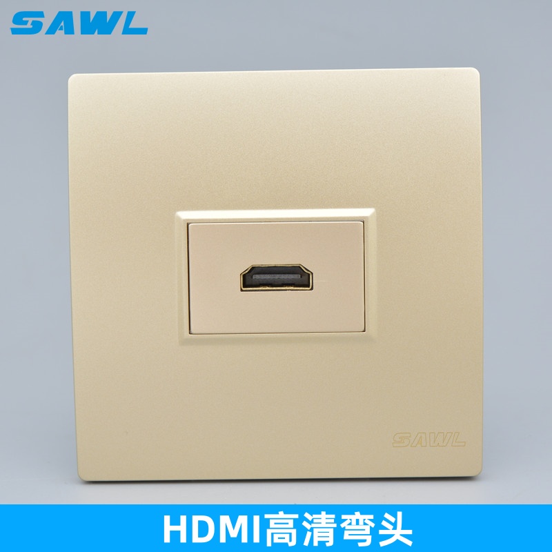 86香槟色HDMI高清弯头插座 金色90度HDMI电视L型母对母延长线面板