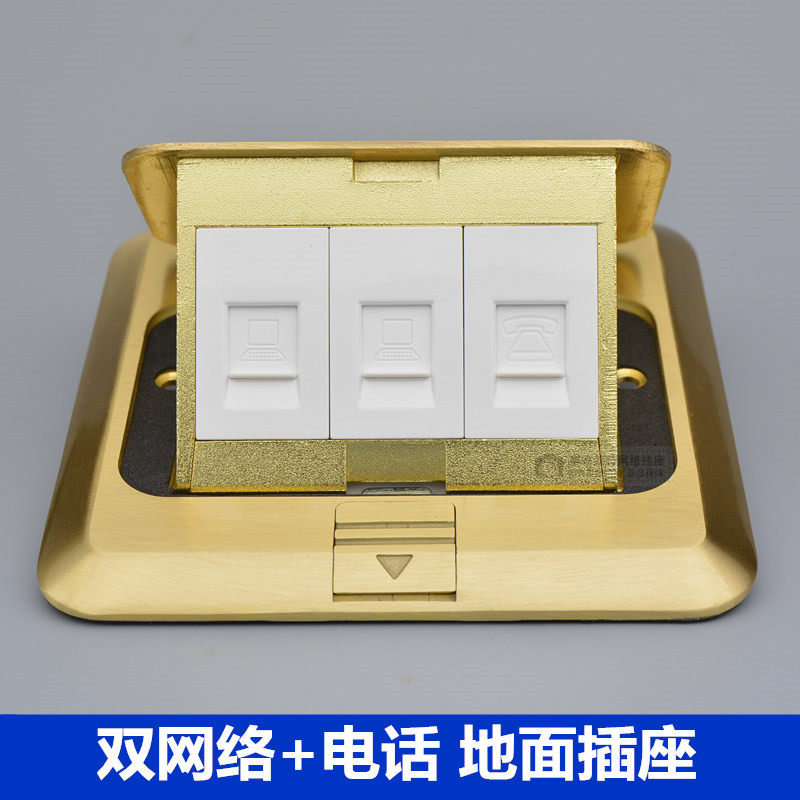 超五类网络线插座2个RJ45电脑+电话地板插弹起式三位铜地插带底盒