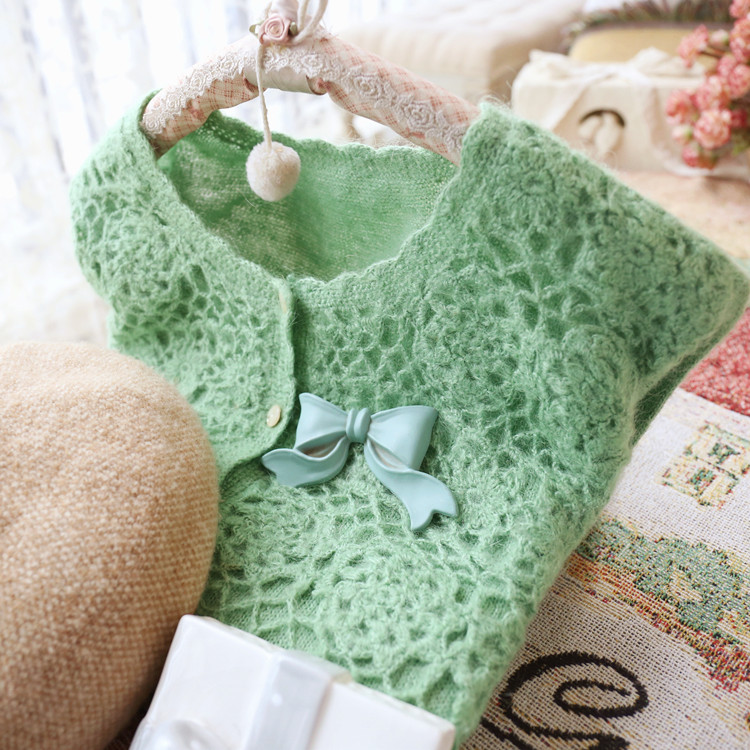 仙仙薄荷绿双层纯手工复古风开衫