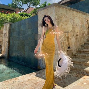 海岛度假长裙bikini三件套氛围感拖地鱼尾沙滩裙拍照出片泳衣5042