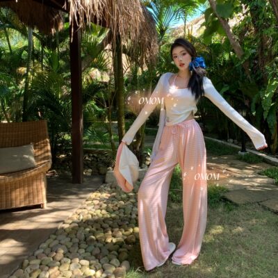 盐系穿搭比基尼多件套阔腿长裤罩衫甜辣可外穿海边度假泳衣5047