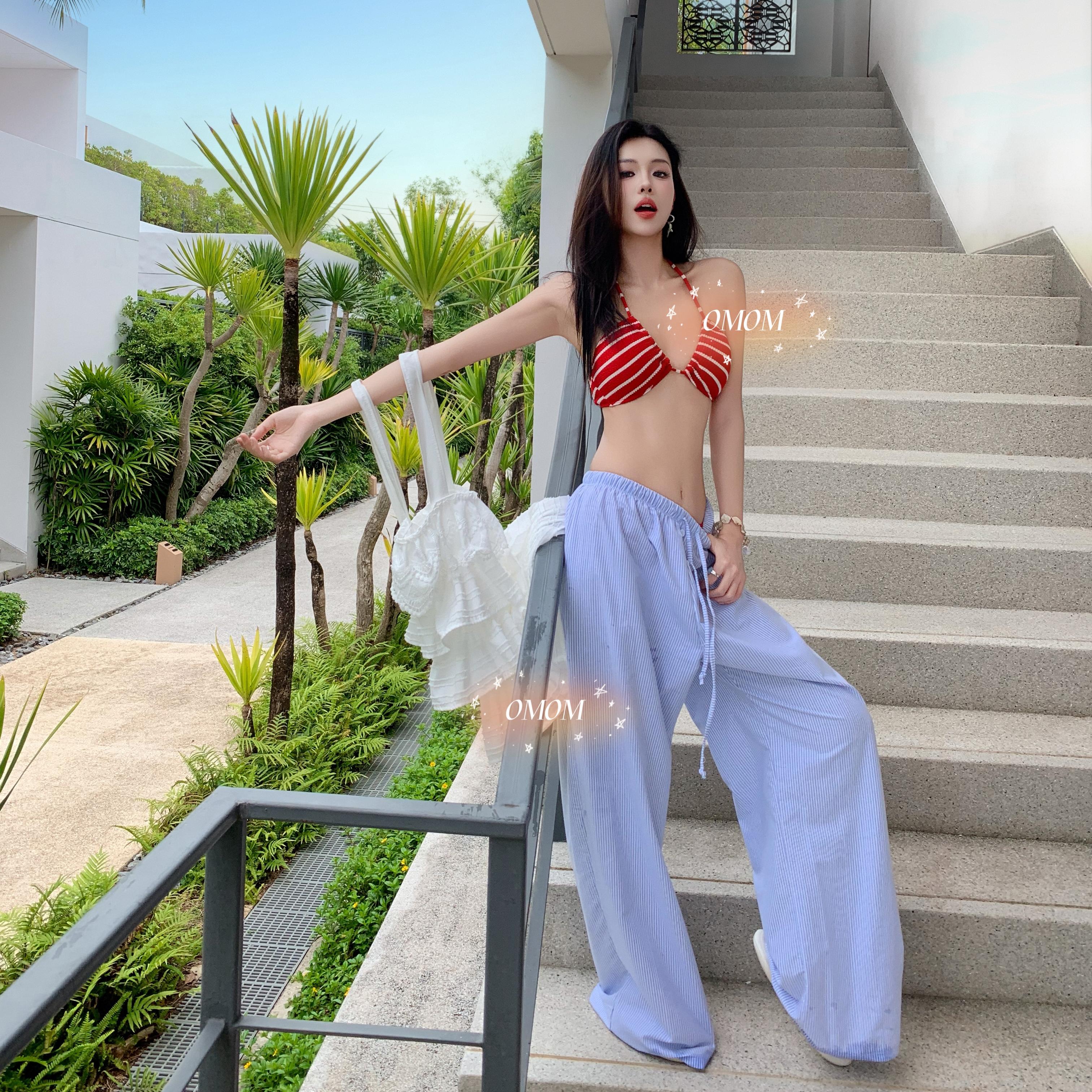 【美式辣妹】复古条纹比基尼三件套性感分体沙滩度假泳衣5051