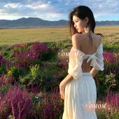 2026年新款 6009 超仙海岛度假泳衣显瘦一字肩沙滩长裙拍照好看泳装