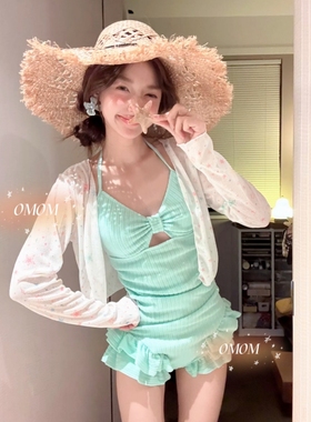 薄荷夏日连体泳衣两件套清新少女感显瘦温泉水上乐园度假泳装2553