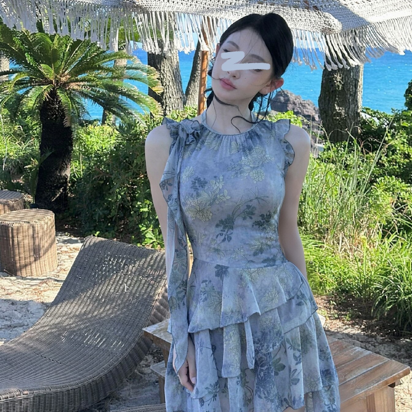 2026新款法式蓝莓色碎花裙式泳衣显瘦遮肚温泉海岛度假泳衣6075