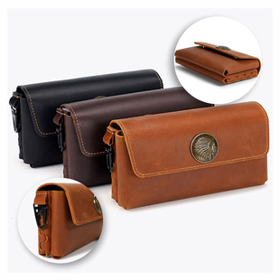 疯马皮腰包双手机腰挂包两部手机包头层牛皮钱包收纳皮带腰包真皮
