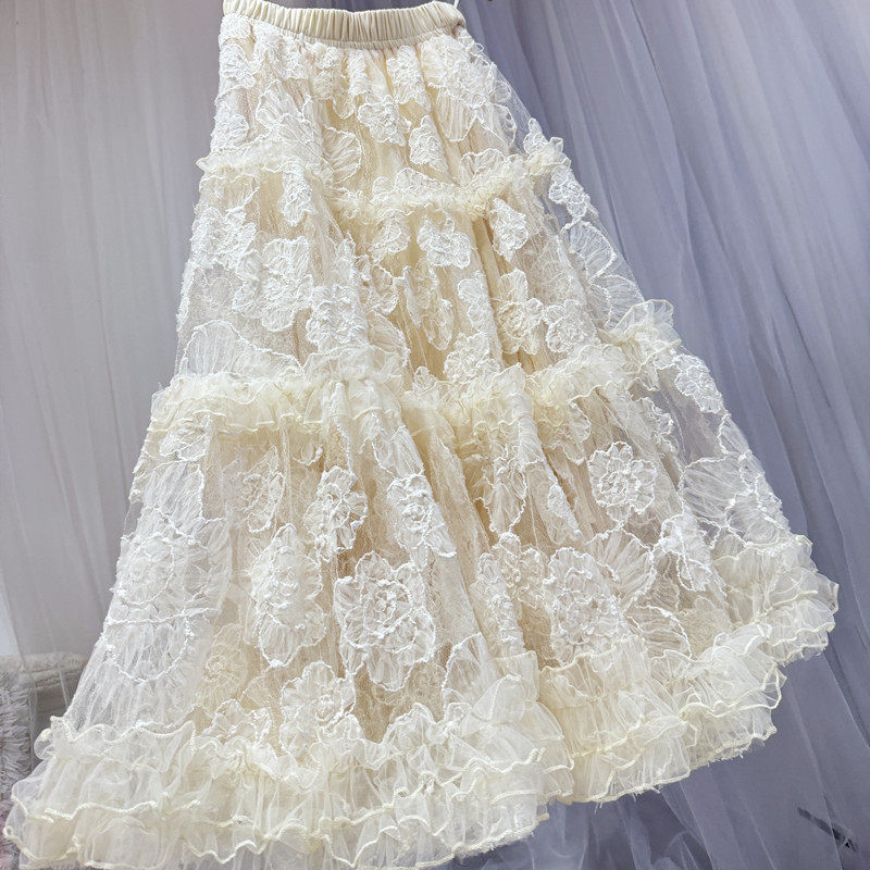 立体花朵网纱半身裙法式浪漫A字仙女显瘦高腰中长款蓬蓬裙设计感