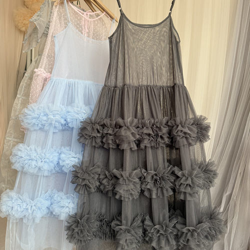 2025重工花边吊带连衣裙设计感日系叠穿透视多层蓬蓬裙长款蛋糕裙