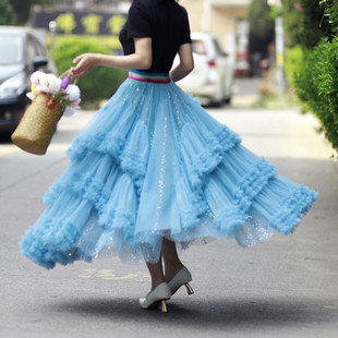 春夏新款长款显瘦遮胯大摆蛋糕裙亮片半身裙高级多层次纱裙