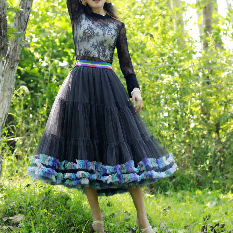 3层纱重工超级大摆中长款纱裙跳舞级仙女蓬蓬裙显瘦松紧腰半身裙