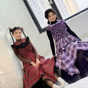 日系格子套装 娃娃领马甲背心上衣格子半身裙 小众木耳边高腰套装