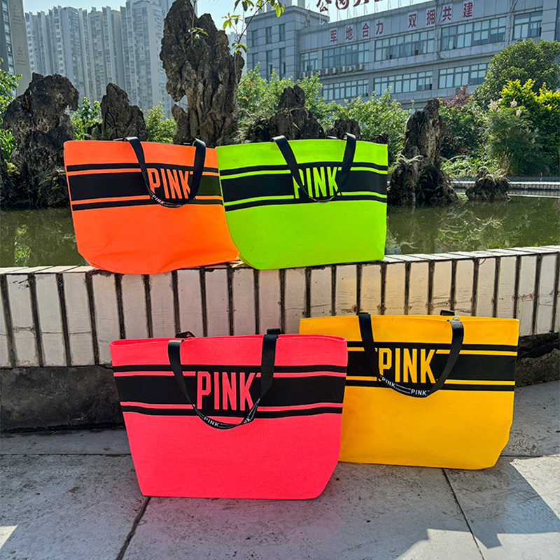 个性时尚辣妹PINK字母帆布包手提单肩包带拉链女包大容量购物袋子