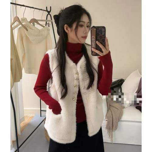 新款韩系叠穿百搭羊羔毛马甲外套女休闲宽松皮毛一体坎肩圆领上衣