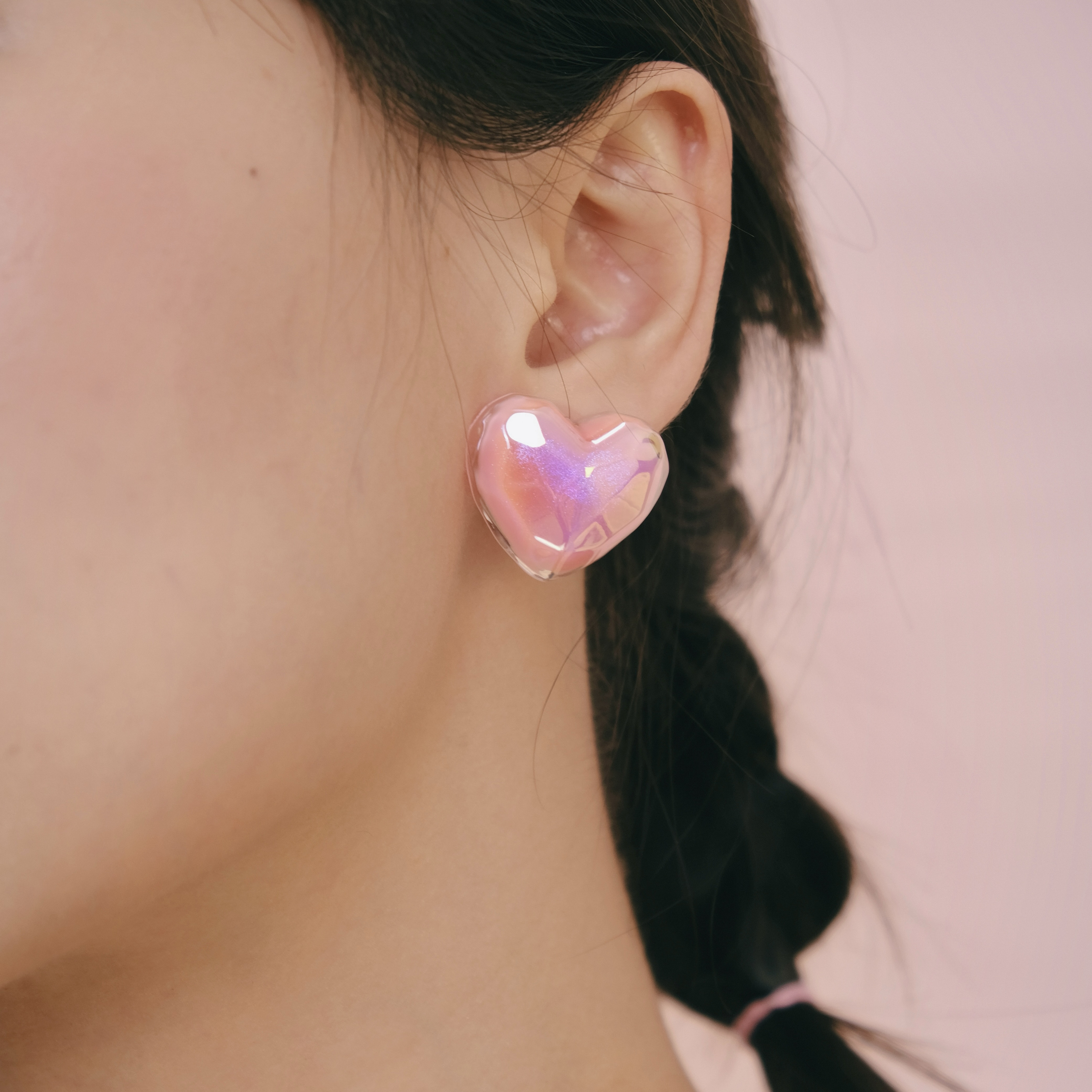 BOMBCACA软糖系列 爱心弹弹冻 少女粉色宝石切割立体爱心耳环耳夹