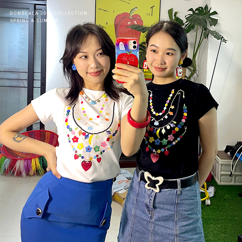 BOMBCACA 项链多多印花正肩短袖T恤亲肤修身显瘦女春夏