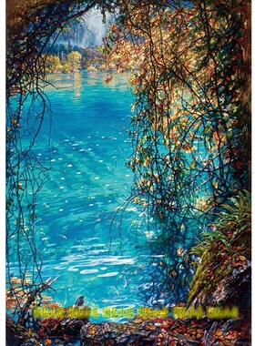 印花DMC纯棉十字绣套件 客厅餐厅玄关坚版名画蓝色湖泊九寨沟风景