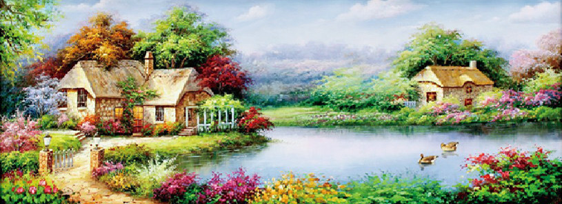印花 DMC纯棉绣线十字绣 客厅大画 横版 美丽乡村 乡村花园