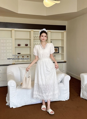 特价DI-SUI迪素女装2025夏季35575法式复古V领蝴蝶结长裙短袖连衣