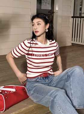 特价DI-SUI迪素正品2026春夏新品女装01036苎麻条纹字母针织短袖