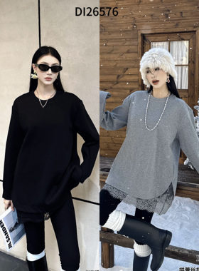 特价DI-SUI迪素2025秋冬女装26576拼布抓绒蕾丝宽松舒适长款卫