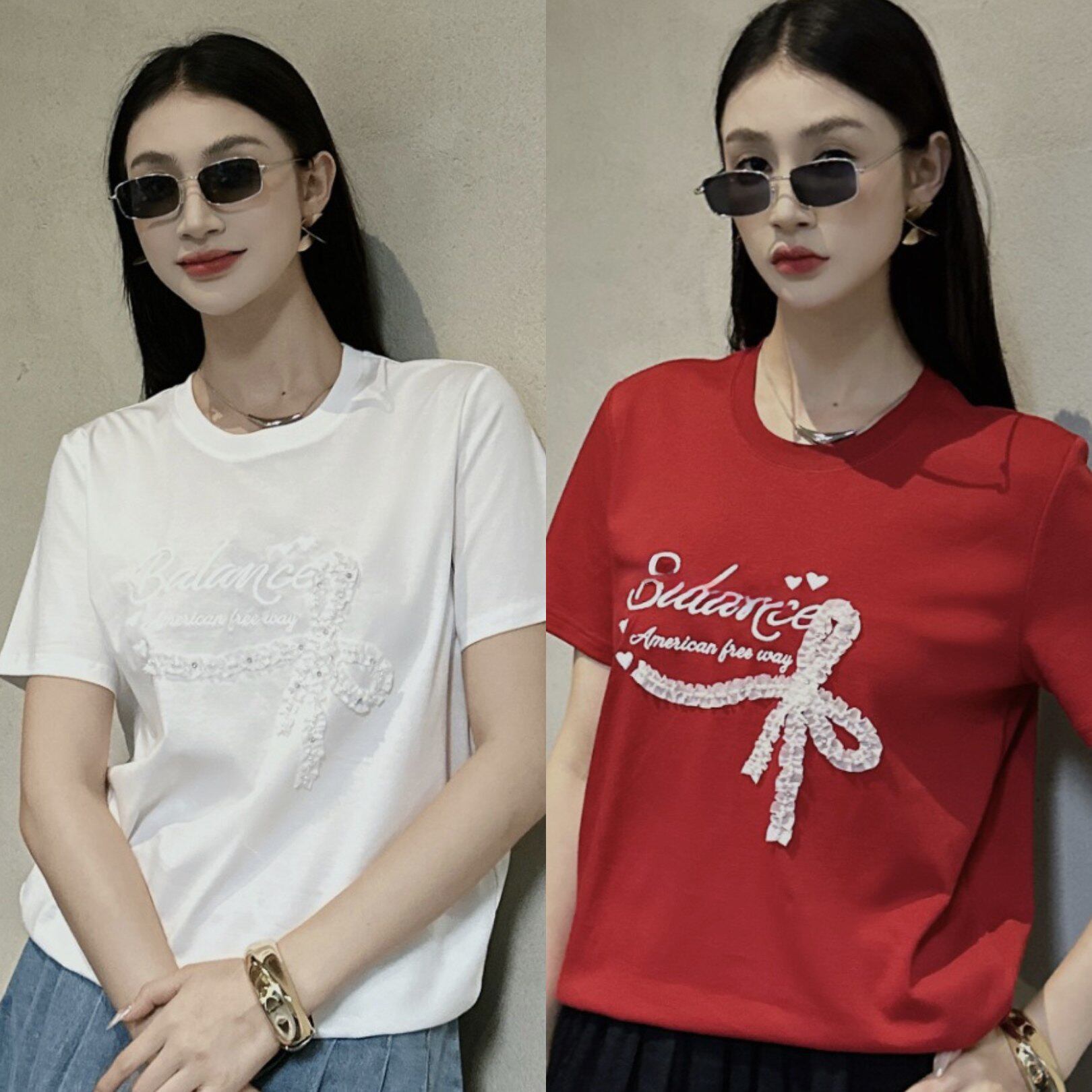欧洲站2026夏女钉珠刺绣T恤