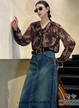 特价DI-SUI迪素欧货2025秋冬女装38106复古风花色荷叶边长袖衬衫