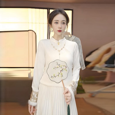 新中式加绒加厚立领打底衬衫女冬季国风保暖内搭宽松显瘦长袖上衣