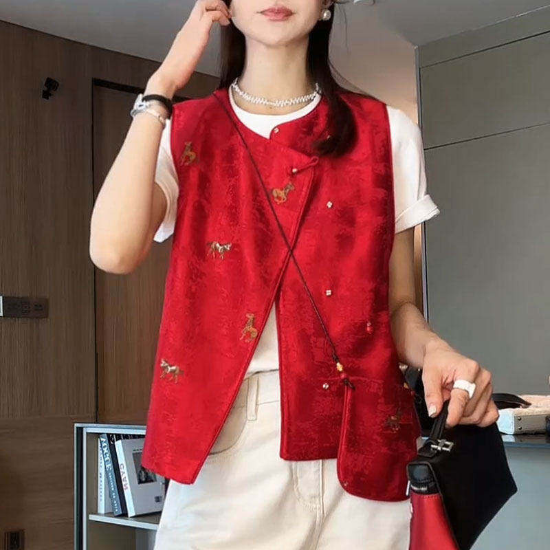 2026春秋新中式国风红色马甲外套女重工刺绣小马气质百搭马夹上衣,女装/女士精品,马夹,淘宝优惠券,粉丝福利购,淘宝优惠卷