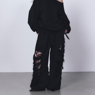 长裤 中低腰不规则宽松磨破个性 女Jennie同款 辣妹欧美破洞休闲卫裤