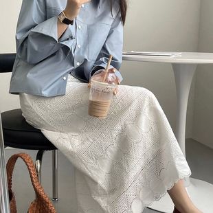 新款 2025夏季 蕾丝镂空白色半身裙女设计感小众气质高腰A字裙长裙