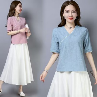 短袖 夏季 衬衣宽松休闲茶艺服 斜襟棉麻衬衫 复古文艺中式 新款 女装