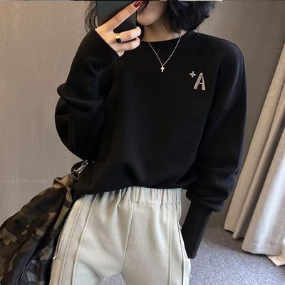 2025秋冬季新款黑色加绒圆领卫衣女宽松休闲慵懒风百搭长袖上衣