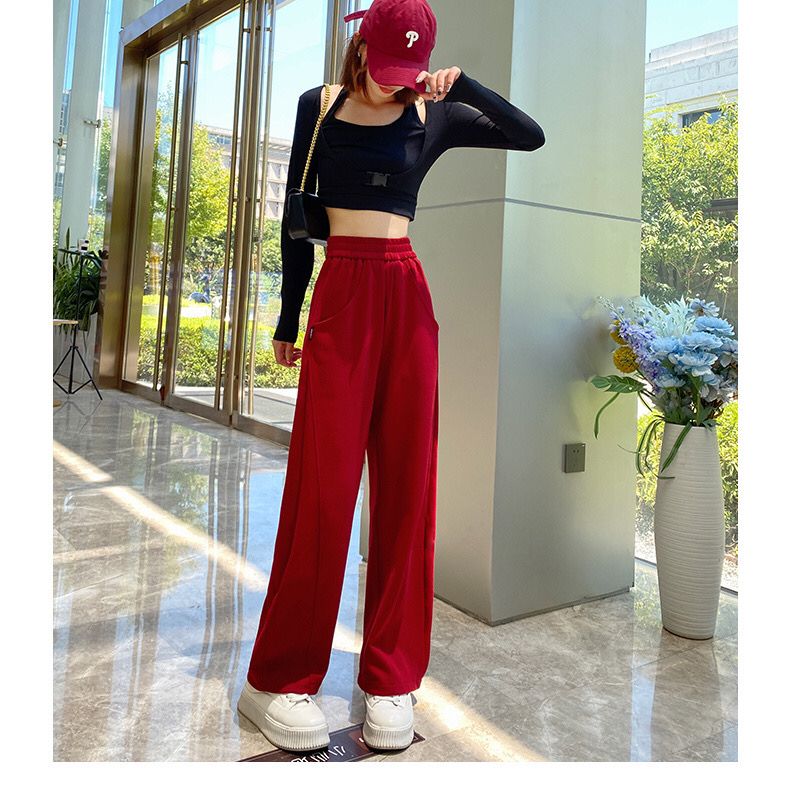 2025秋季新款红色阔腿运动裤女宽松大码松紧腰香蕉裤休闲裤卫裤