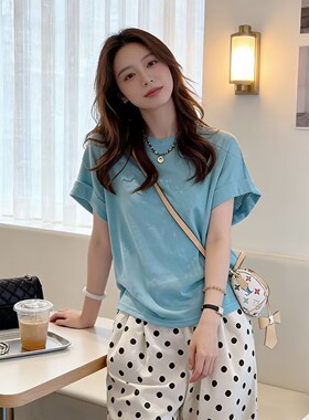 2026夏季新款多巴胺蓝色雪花棉短袖t恤女宽松大码减龄小个子上衣