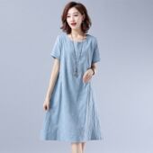 新款 棉麻短袖 连衣裙女2024夏季 宽松显瘦文艺复古提花中长裙a字裙