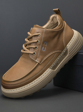 2025秋冬季新款男士休闲皮鞋真皮厚底高帮工装鞋加绒加厚保暖棉鞋