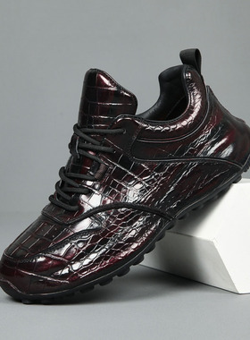 2025秋季新款男士运动休闲皮鞋透气真皮厚底老爹鞋潮流鳄鱼纹鞋子