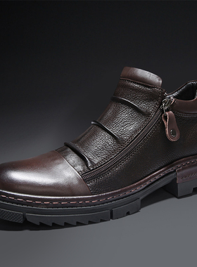冬季真皮男士商务休闲皮鞋高帮英伦风大头皮鞋韩版潮流加绒马丁靴