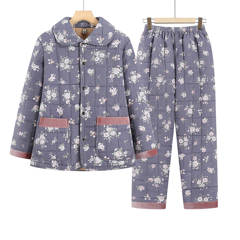 中老年妈妈碎花夹棉睡衣女三层加厚保暖家居服套装冬季棉袄棉裤