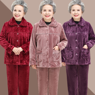 中老年珊瑚绒睡衣女秋冬季加厚