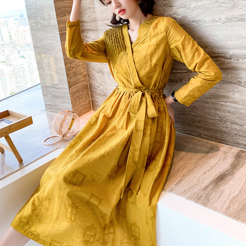 新款女秋秋冬气质棉麻法式复古中国风姜黄色民族旗袍改良版连衣裙