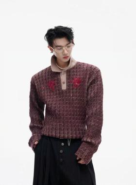 AguE CuturE复古撞色亮片翻领毛衣针织衫钻石纽扣贵气修身上衣潮