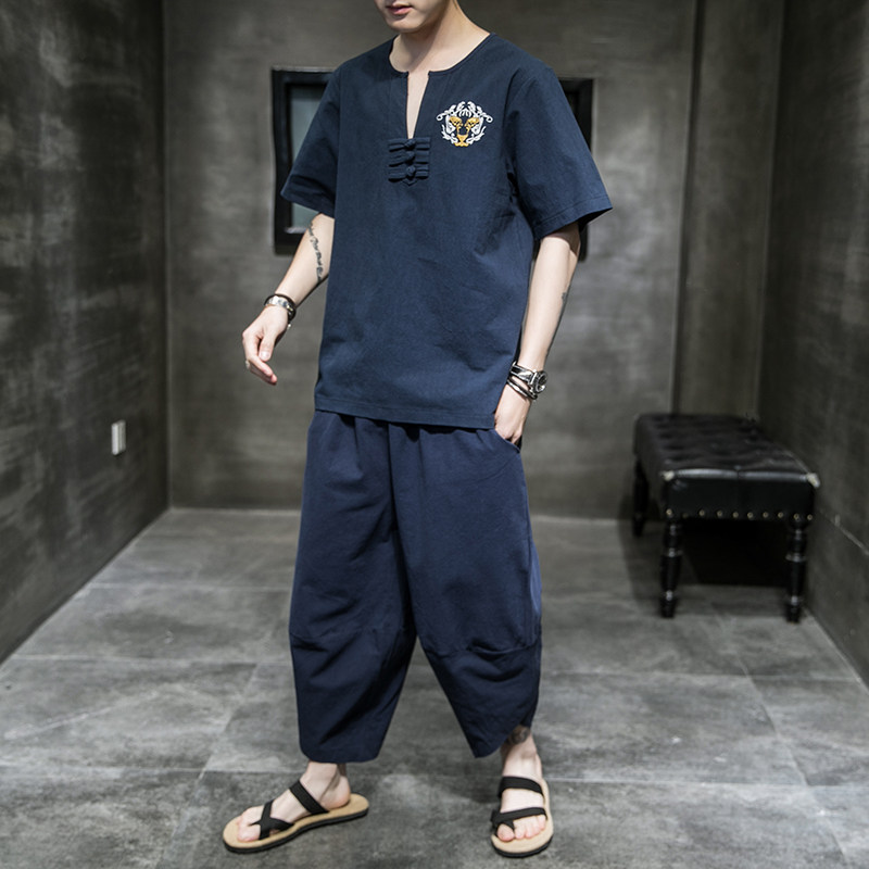 常年款春夏秋季风刺绣套装棉麻T恤短袖七分裤B370-TZ41P50图片
